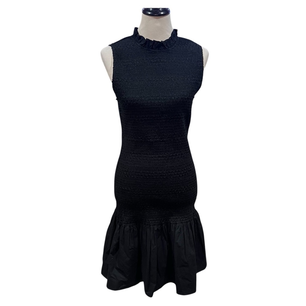 J. Crew Organic Cotton Smocked Cotton Poplin Drop Waist Black Dress Size Medium